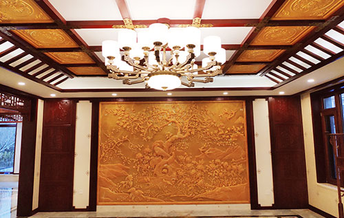 凤岗镇中式别墅客厅中式木作横梁吊顶装饰展示